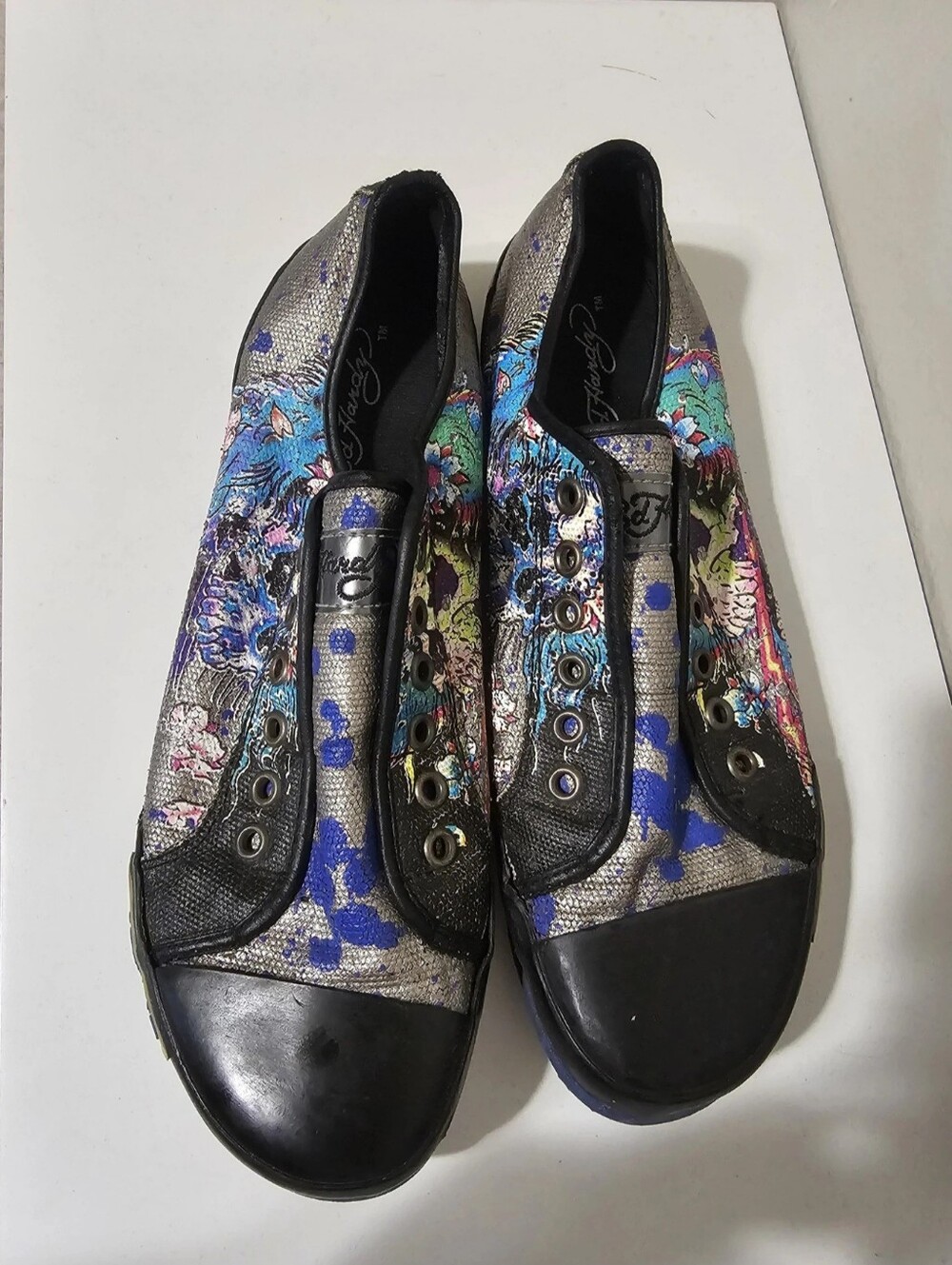 Ed Hardy Women's Slip-On Sneakers in Black, Blue and Silver Floral